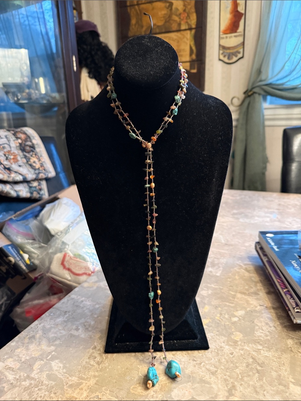 Artisan created semi precious stone, lariat, necklace, genuine, pearl, amethyst